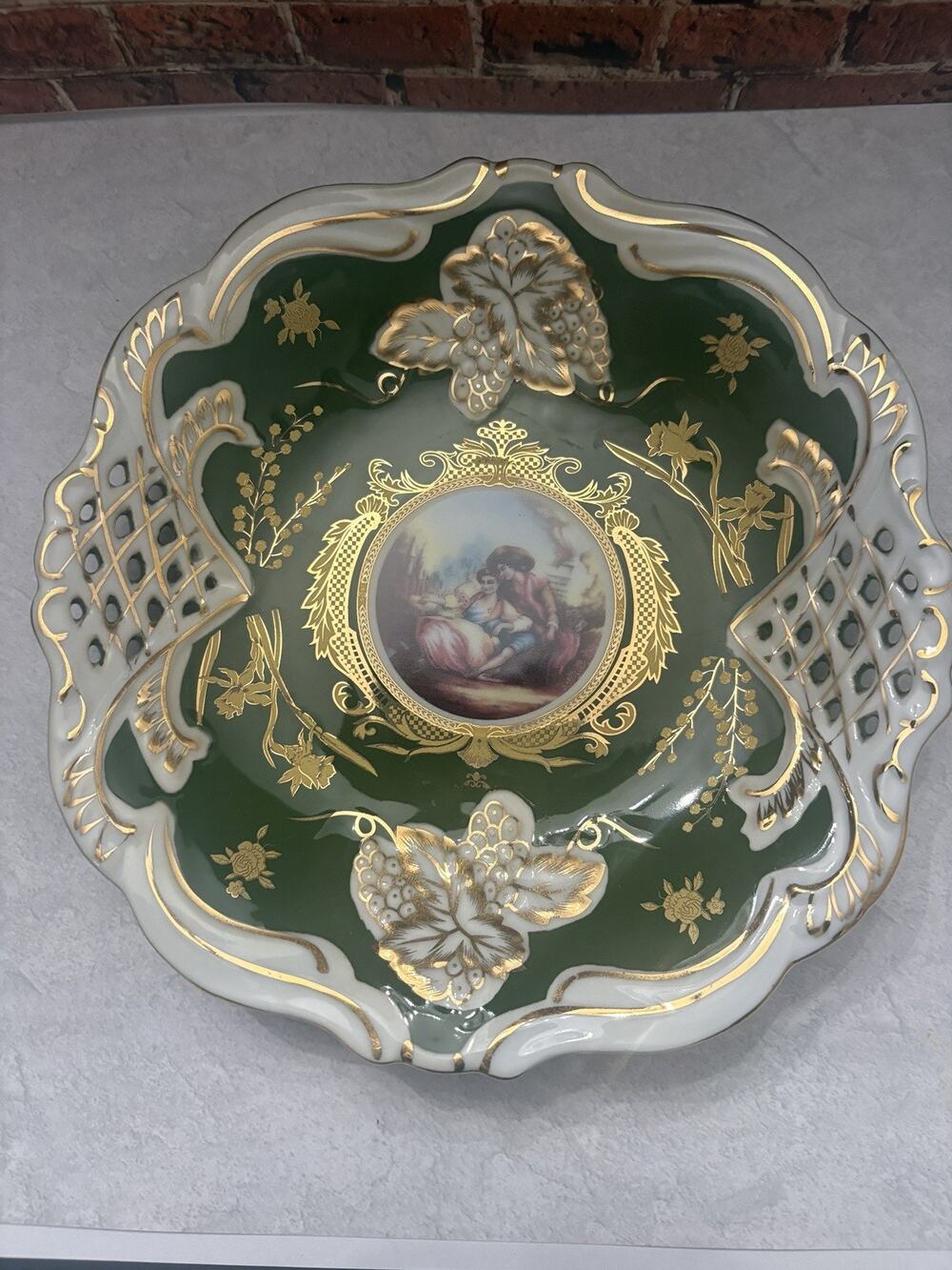 Cosmos USA Japan Decorative Lusterware Green Gold Couple Dish Vintage 1960s
